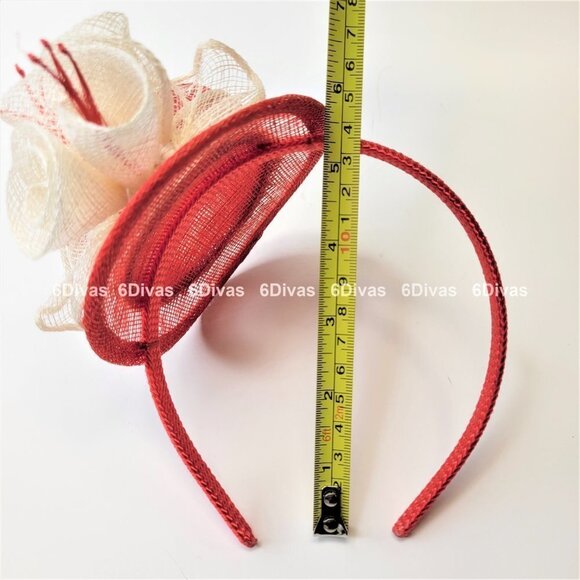 Red Top Hat Fascinator with Cream colored Feathers and Rosettes on Headband - Picture 11 of 14
